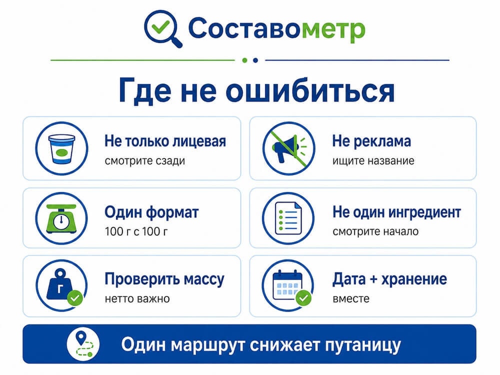 Ошибки при сравнении двух продуктов: лицевая сторона, единицы БЖУ, масса, состав, дата и хранение