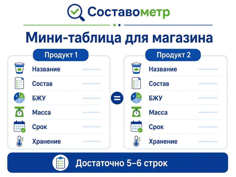 Мини-таблица для сравнения двух продуктов по названию, составу, БЖУ, массе, сроку и хранению