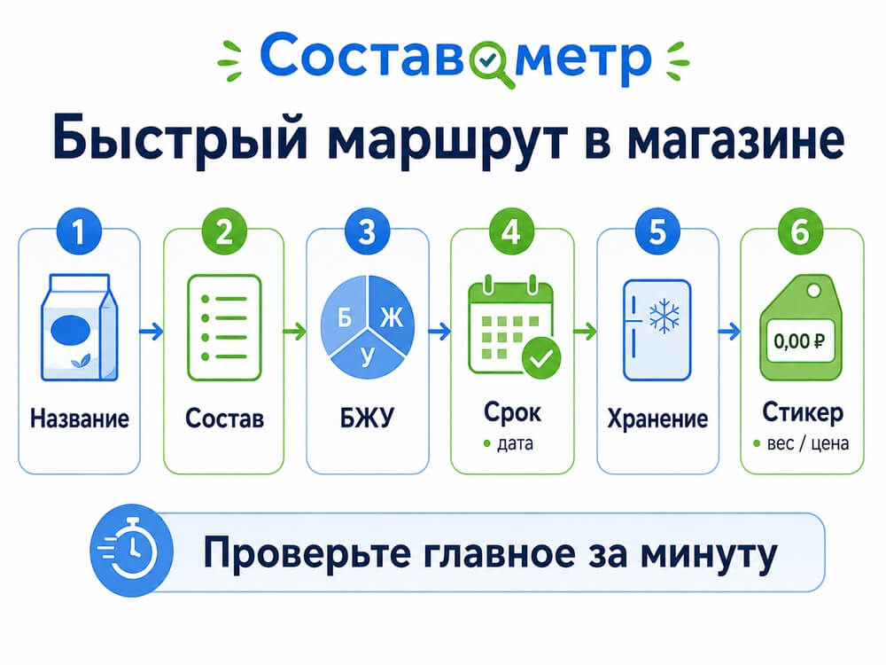 Быстрый маршрут по упаковке: название, состав, БЖУ, срок, хранение и стикер