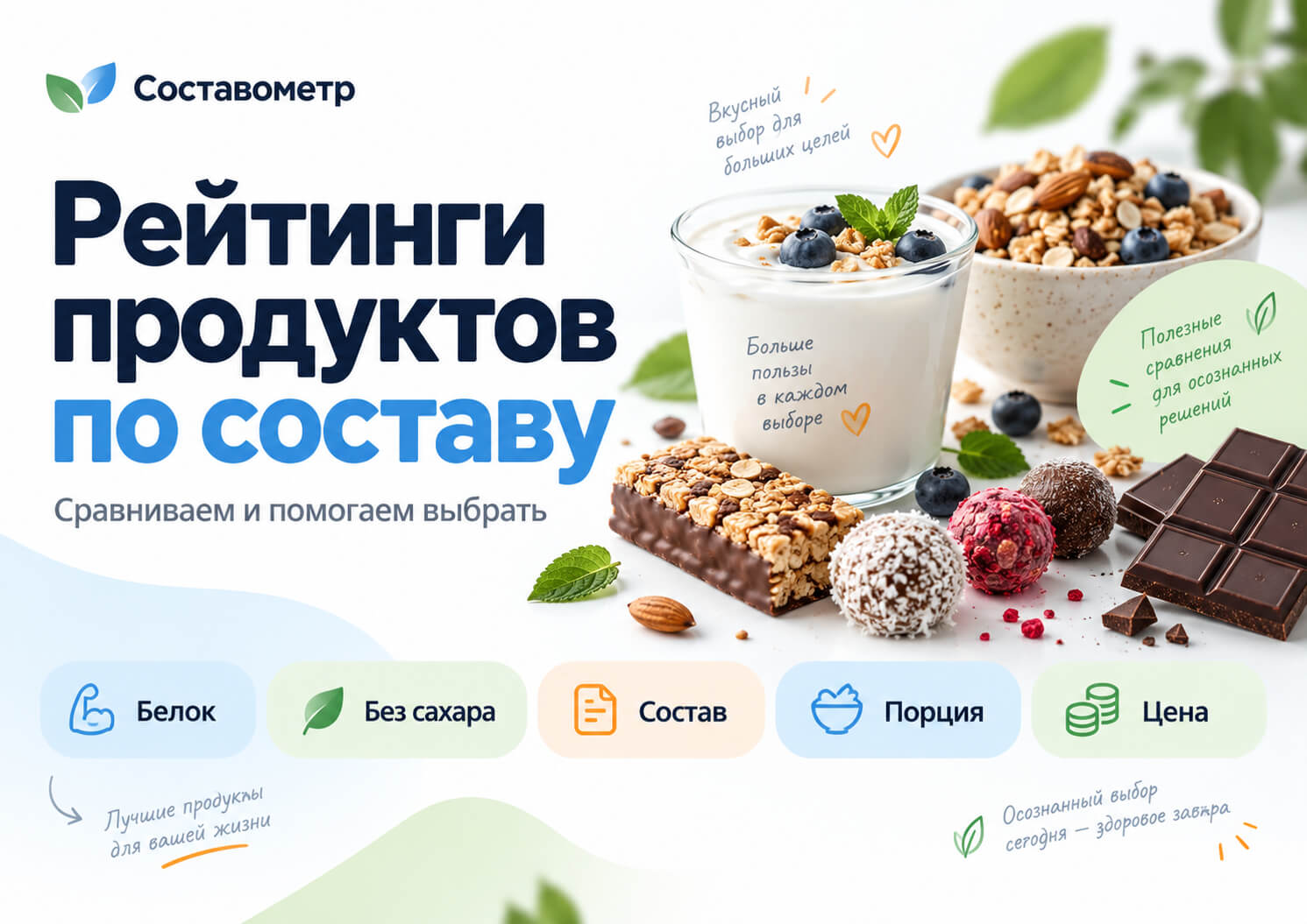 Рейтинги продуктов по составу: белок, сахар, состав, порция и цена